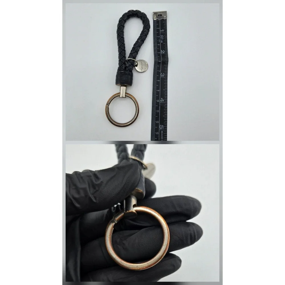 Bottega Veneta Intrecciato Woven Leather Keychain Black Silver Tone Logo Charm